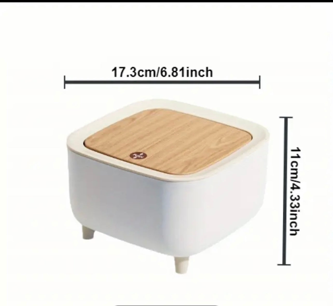 Office Ready Sleek Square Desktop Trash Can with Quiet-Close Lid & Odor-Seal Technology - White & Wooden Design, Ideal for Office, Kitchen, Bathroom, and Dining Tables dustbin