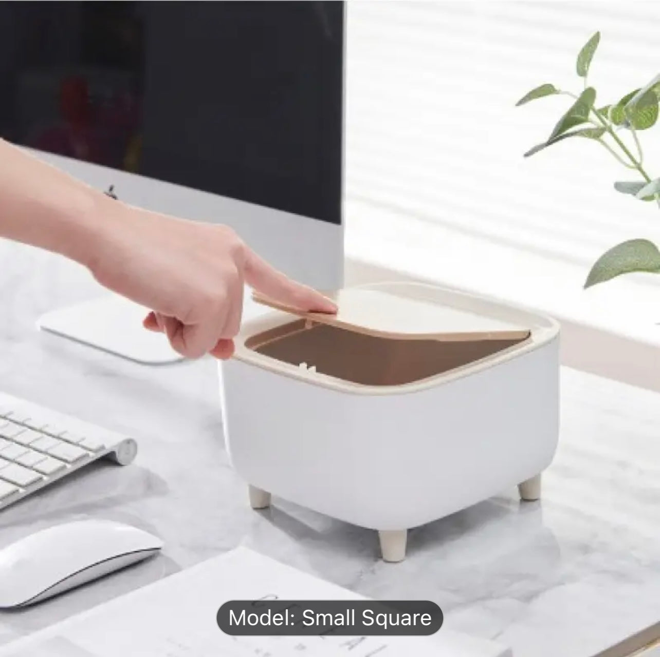 Office Ready Sleek Square Desktop Trash Can with Quiet-Close Lid & Odor-Seal Technology - White & Wooden Design, Ideal for Office, Kitchen, Bathroom, and Dining Tables dustbin