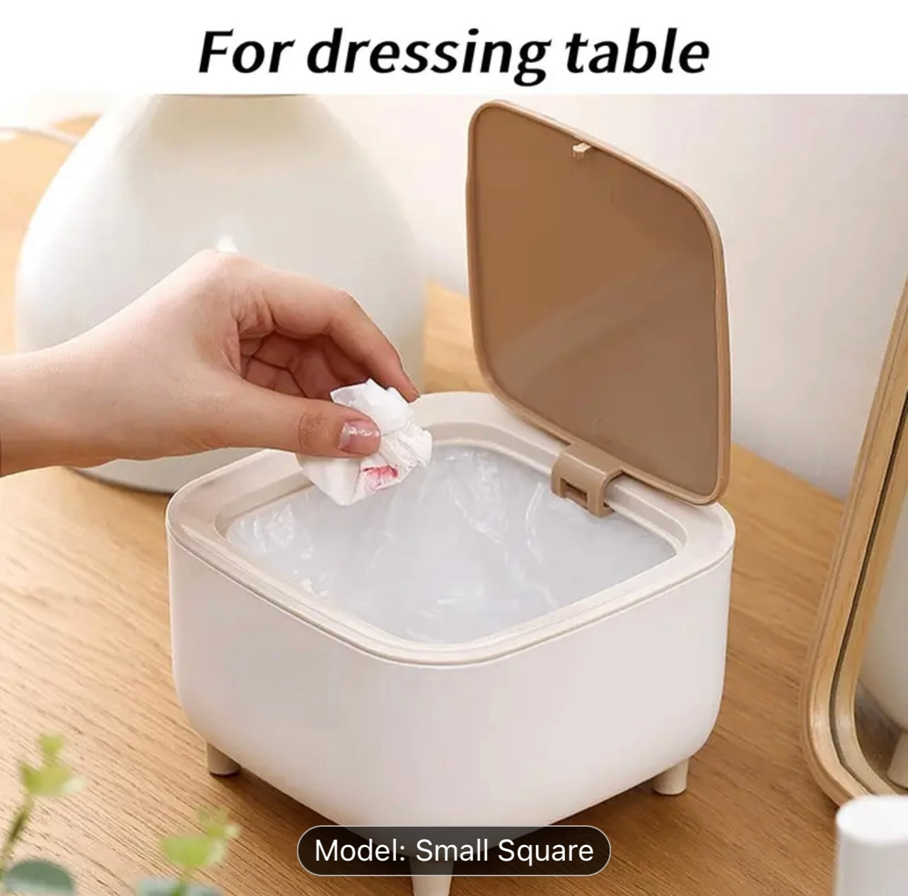 Office Ready Sleek Square Desktop Trash Can with Quiet-Close Lid & Odor-Seal Technology - White & Wooden Design, Ideal for Office, Kitchen, Bathroom, and Dining Tables dustbin