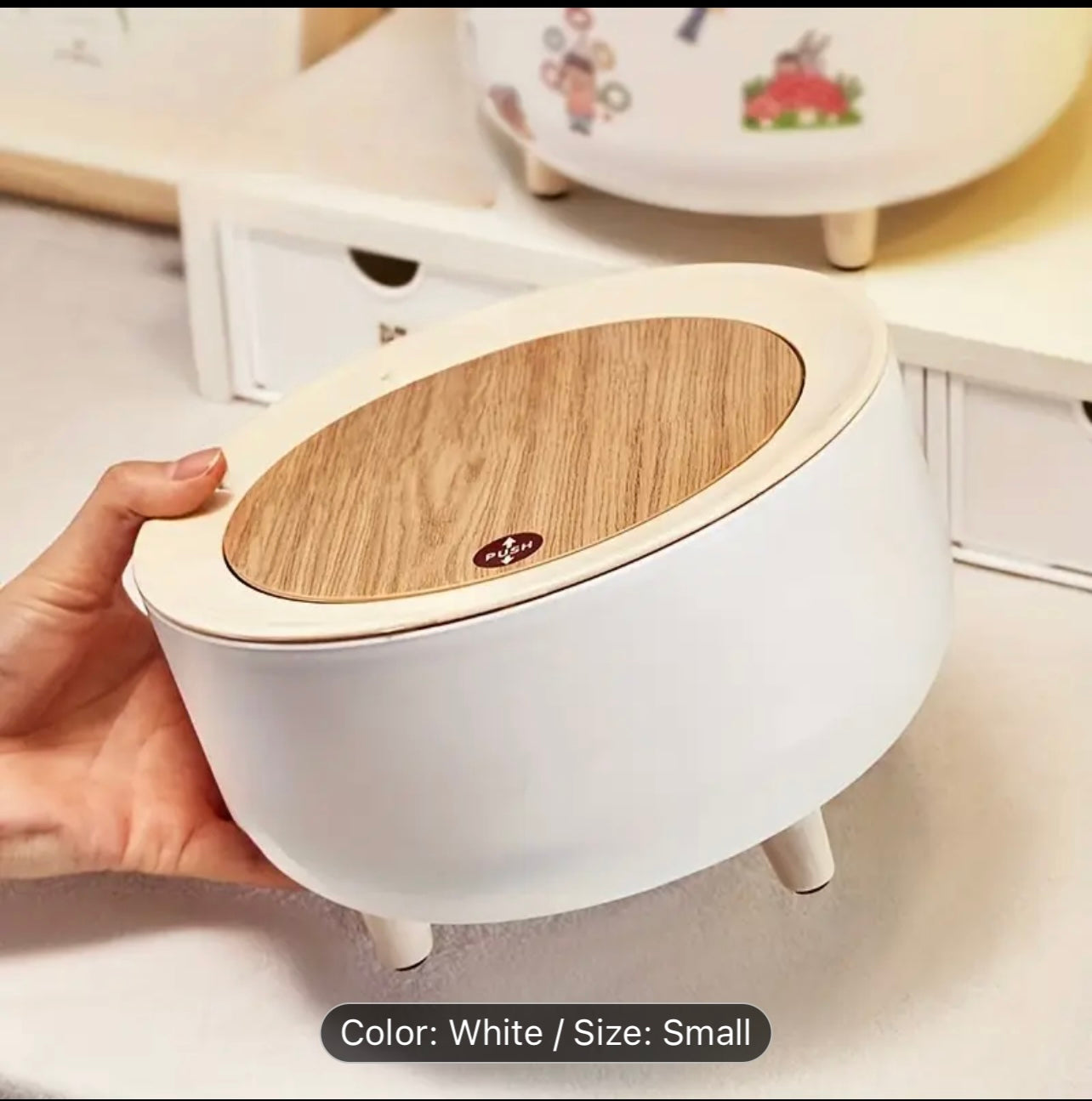 Classic Plastic Multipurpose Desktop Trash Can, Pure White, Compact,, Wood Grain Design, with Push-Type, for Kitchens, Bathrooms, Offices, Shelf Baskets dustbin