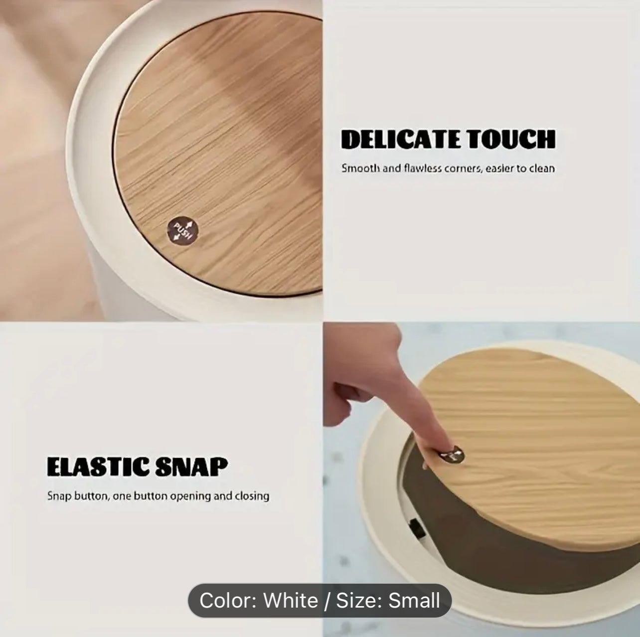 Classic Plastic Multipurpose Desktop Trash Can, Pure White, Compact,, Wood Grain Design, with Push-Type, for Kitchens, Bathrooms, Offices, Shelf Baskets dustbin