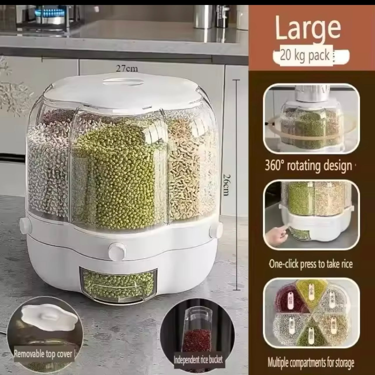 Large Capacity Rotating Grain Storage Container - Moisture & Insect-Proof, Divided Rice Bin for Flour, Pet Food & More - Durable Plastic Kitchen Organizer with Easy-Flip Lid