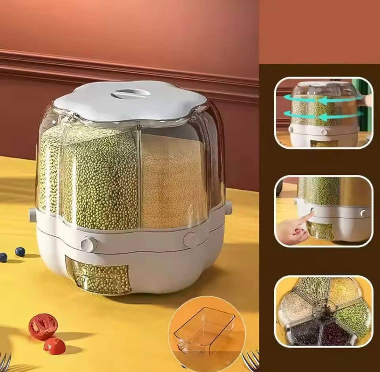 Large Capacity Rotating Grain Storage Container - Moisture & Insect-Proof, Divided Rice Bin for Flour, Pet Food & More - Durable Plastic Kitchen Organizer with Easy-Flip Lid