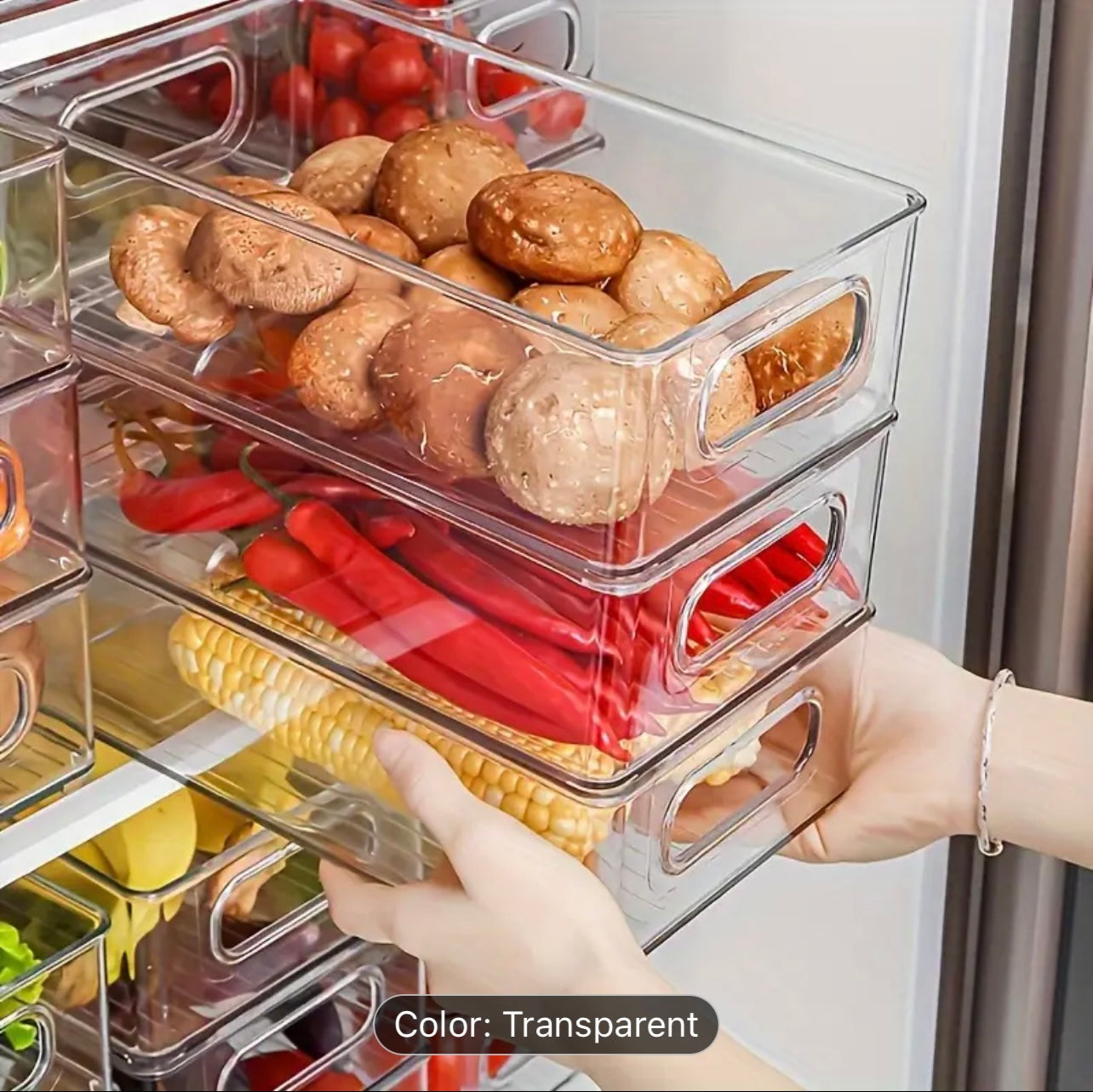 صناديق تخزين الثلاجة البلاستيكية الشفافة - منظم قابل للتكديس وموفر للمساحة