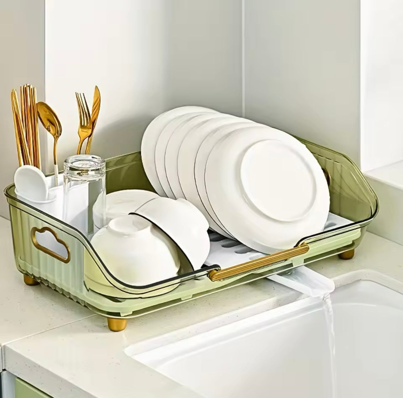 Dish Drying Rack With Handle, Kitchen Counter Sink Organization, Drainboard, Utensil Holder, Easy to Clean, Kitchen Accessories