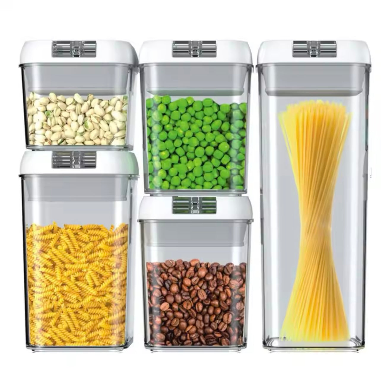 5-Piece Airtight Food Storage Container Set with Flip-Top Lids, Dishwasher Safe Plastic Kitchen Pantry Organization Canisters for Cereals, Grains, Dry Goods, Flour, and Sugar - Reusable Square Containers,