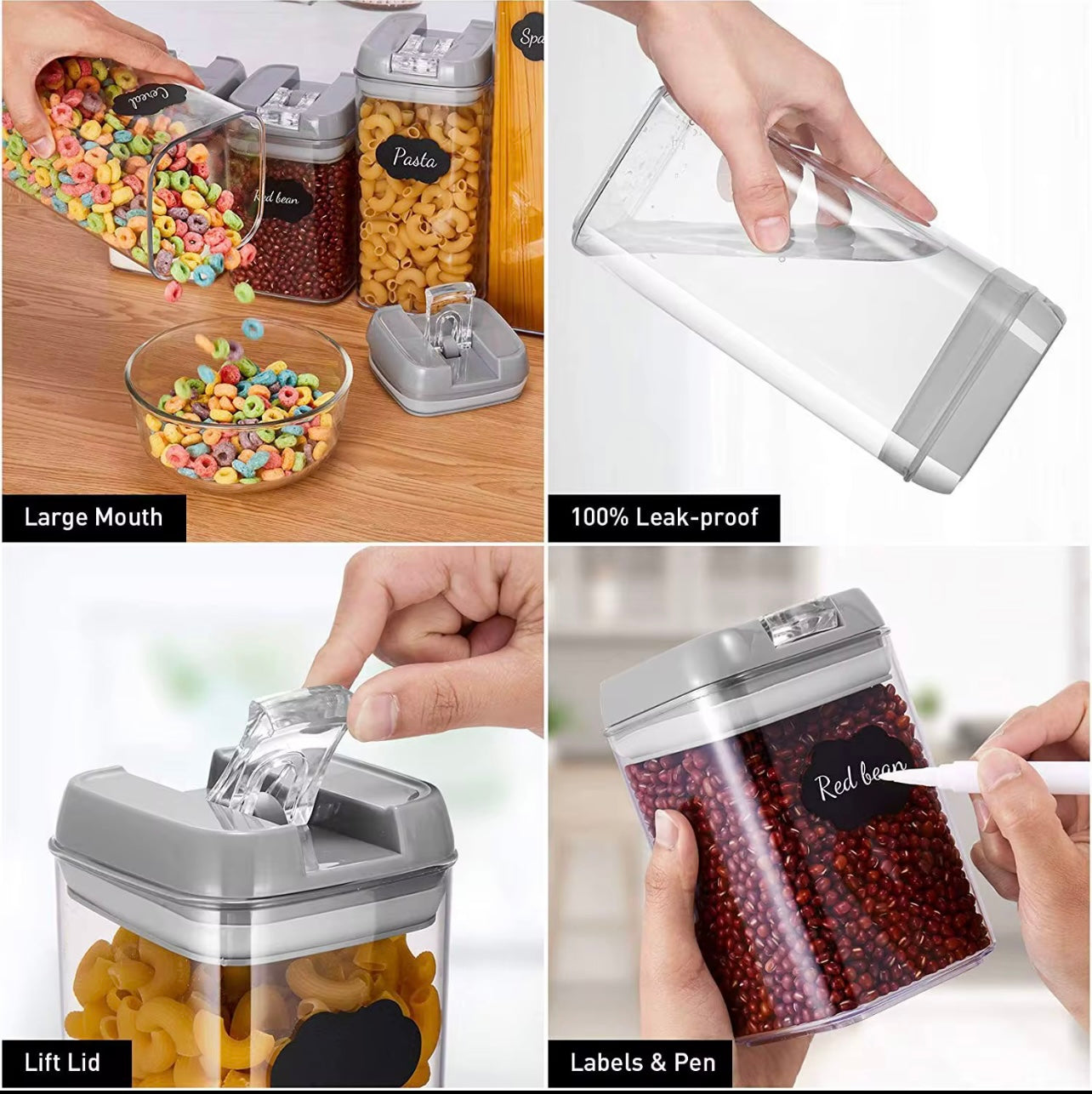 5-Piece Airtight Food Storage Container Set with Flip-Top Lids, Dishwasher Safe Plastic Kitchen Pantry Organization Canisters for Cereals, Grains, Dry Goods, Flour, and Sugar - Reusable Square Containers,