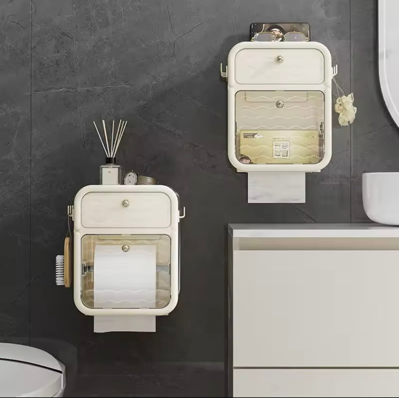 Wall-Mounted Bathroom Organizer with Waterproof Tissue Box, Drawer & Hooks, Durable Plastic, Beige Rectangular Design for Toilet Storage, Nodrill Organizer I Decorative Tissue Box | Durable Plastic Build, Bathroom Organizers And Storage