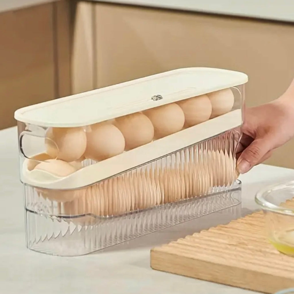 Large-Capacity Shockproof Automatic Rolling Egg Holder – Durable Refrigerator Egg Storage