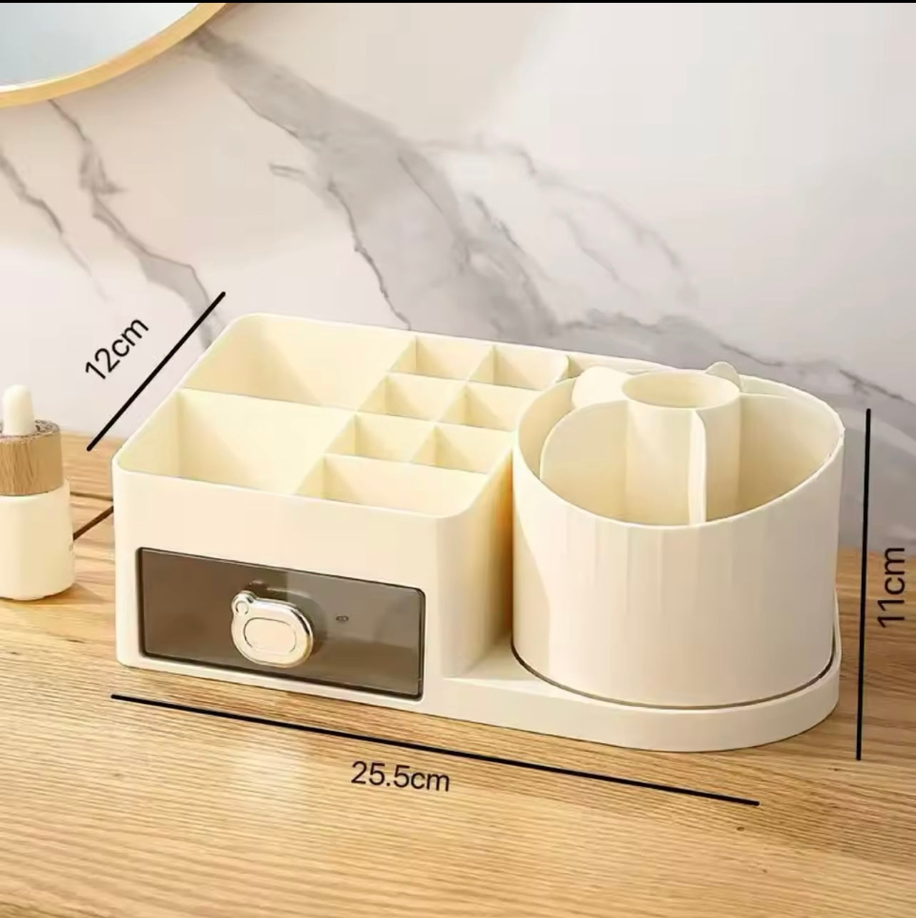 A 360° rotating cosmetic storage box - a multifunctional desktop organizer with multiple compartments, featuring drawers for storing lipsticks, perfumes, makeup brushes, skincare products, and stationery. No power source or batteries required.