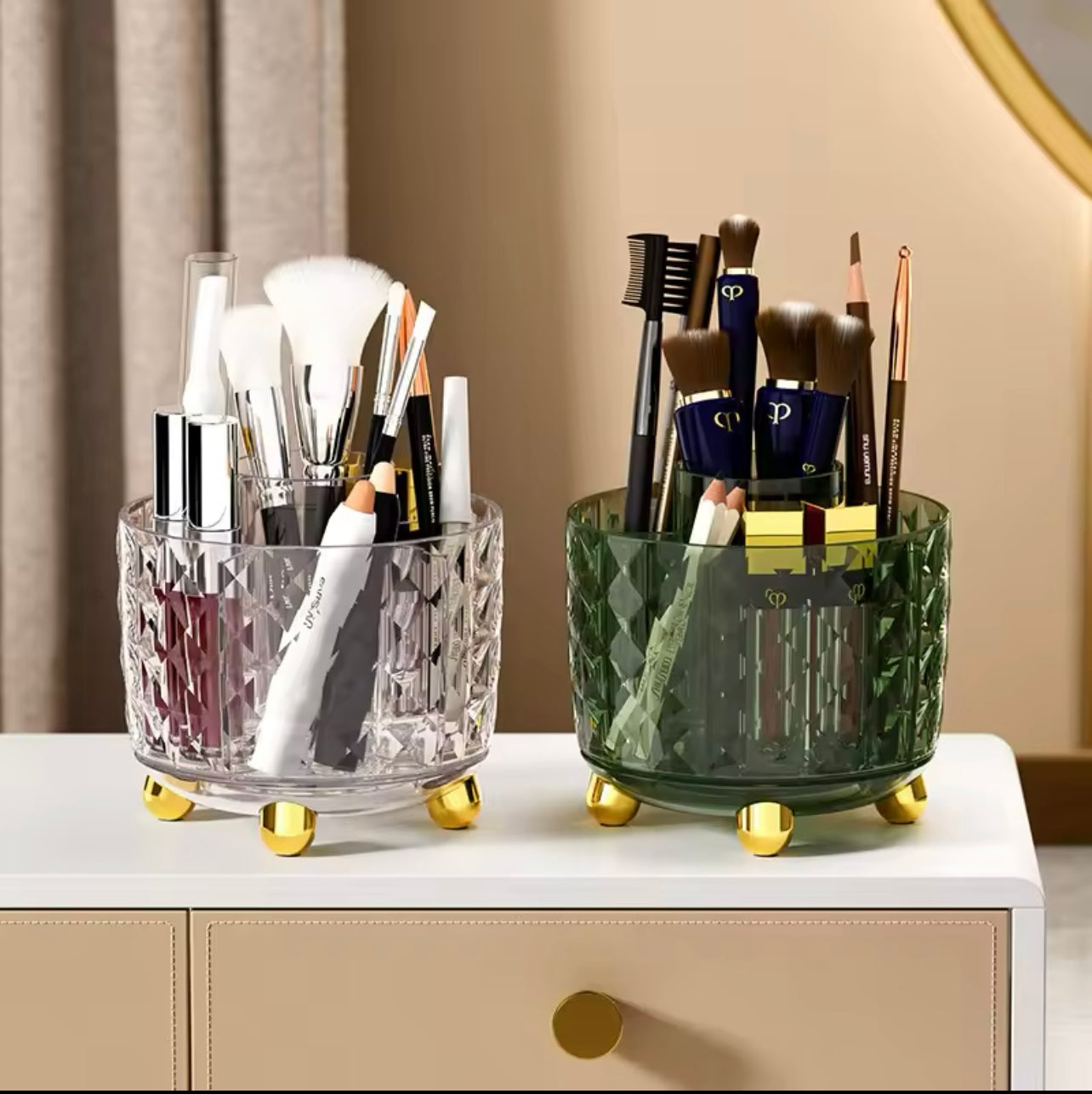 6-Compartment Green & Clear Rotating Pen Holder - Sleek 360° Swivel Design, Durable PE Material, Perfect for Office Supplies, Pencils, and Makeup Brushes, Desk Organizer I Modern Desk Decor | Elegant Appearance