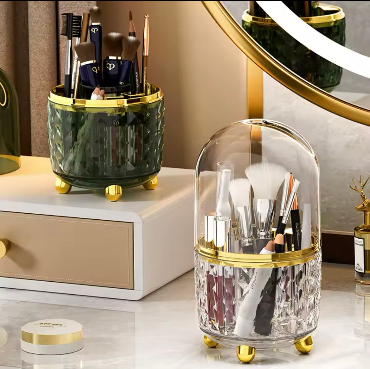 6-Compartment Green & Clear Rotating Pen Holder - Sleek 360° Swivel Design, Durable PE Material, Perfect for Office Supplies, Pencils, and Makeup Brushes, Desk Organizer I Modern Desk Decor | Elegant Appearance