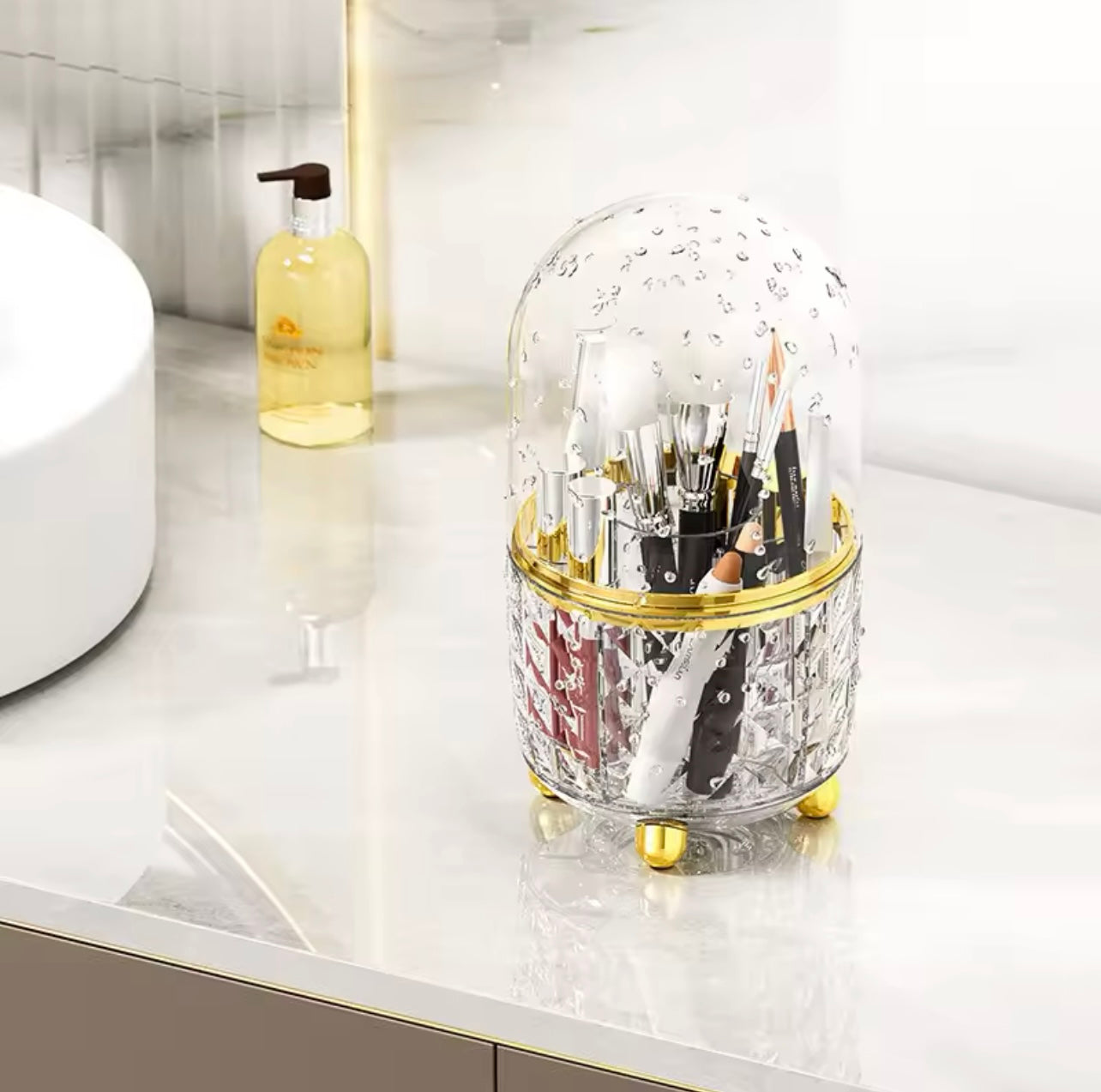 6-Compartment Green & Clear Rotating Pen Holder - Sleek 360° Swivel Design, Durable PE Material, Perfect for Office Supplies, Pencils, and Makeup Brushes, Desk Organizer I Modern Desk Decor | Elegant Appearance