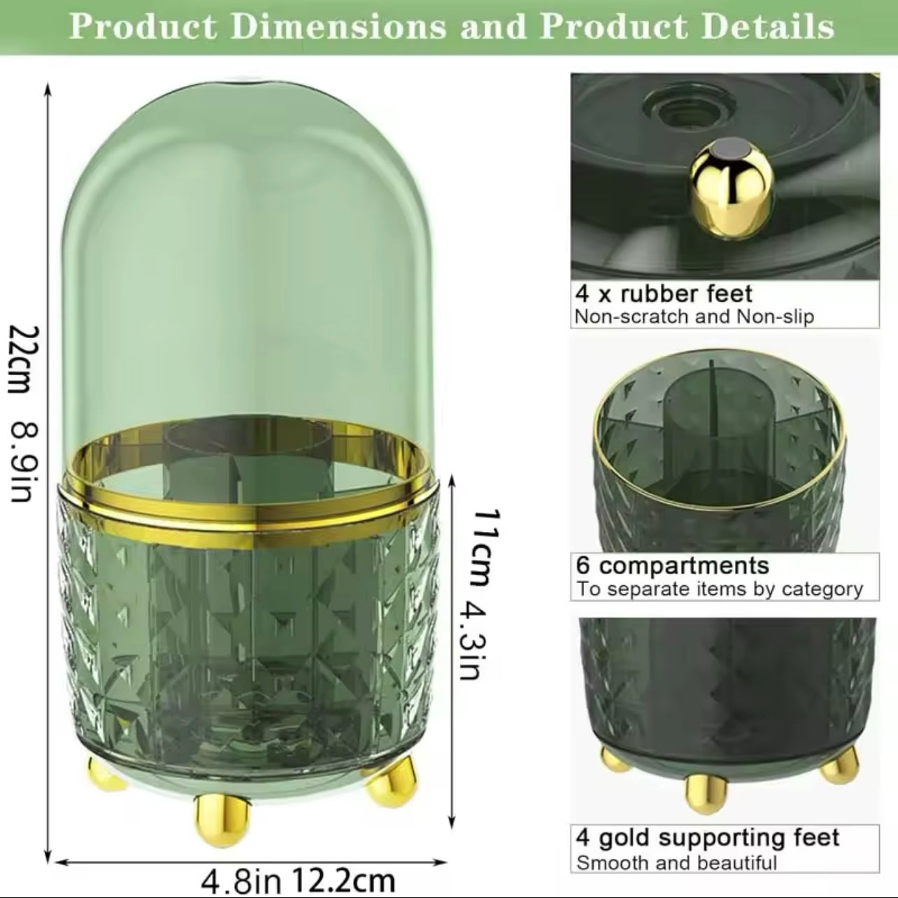 6-Compartment Green & Clear Rotating Pen Holder - Sleek 360° Swivel Design, Durable PE Material, Perfect for Office Supplies, Pencils, and Makeup Brushes, Desk Organizer I Modern Desk Decor | Elegant Appearance