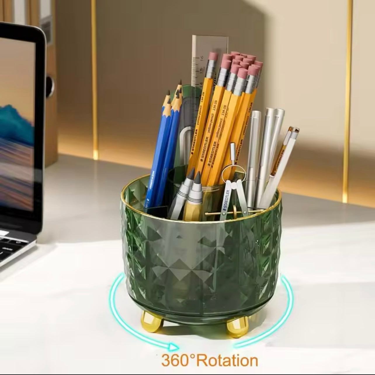 6-Compartment Green & Clear Rotating Pen Holder - Sleek 360° Swivel Design, Durable PE Material, Perfect for Office Supplies, Pencils, and Makeup Brushes, Desk Organizer I Modern Desk Decor | Elegant Appearance