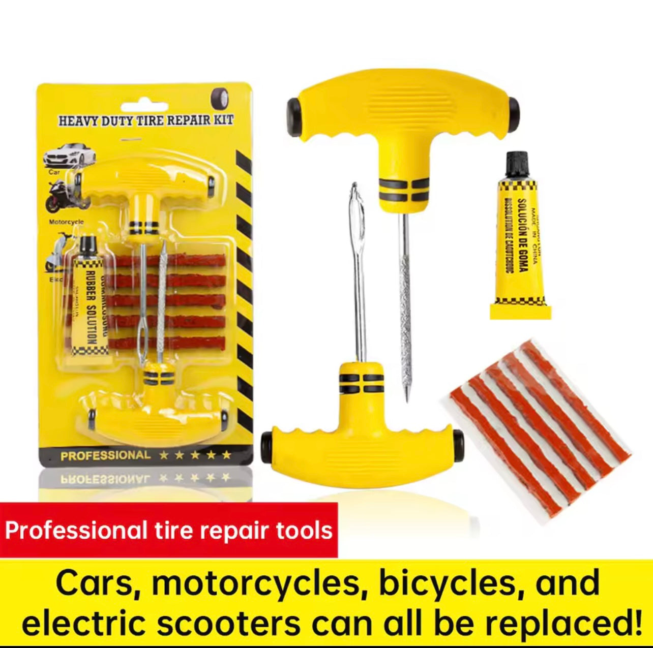 Complete tire repair tool set with glue, including a variety of practical tools, can effectively repair tire damage!Uncharged Power Mode, for Car, Truck, RV, Flat Tubeless Tire Puncture, with Studding Plug Tool, Vacuum Film Rubber Nail