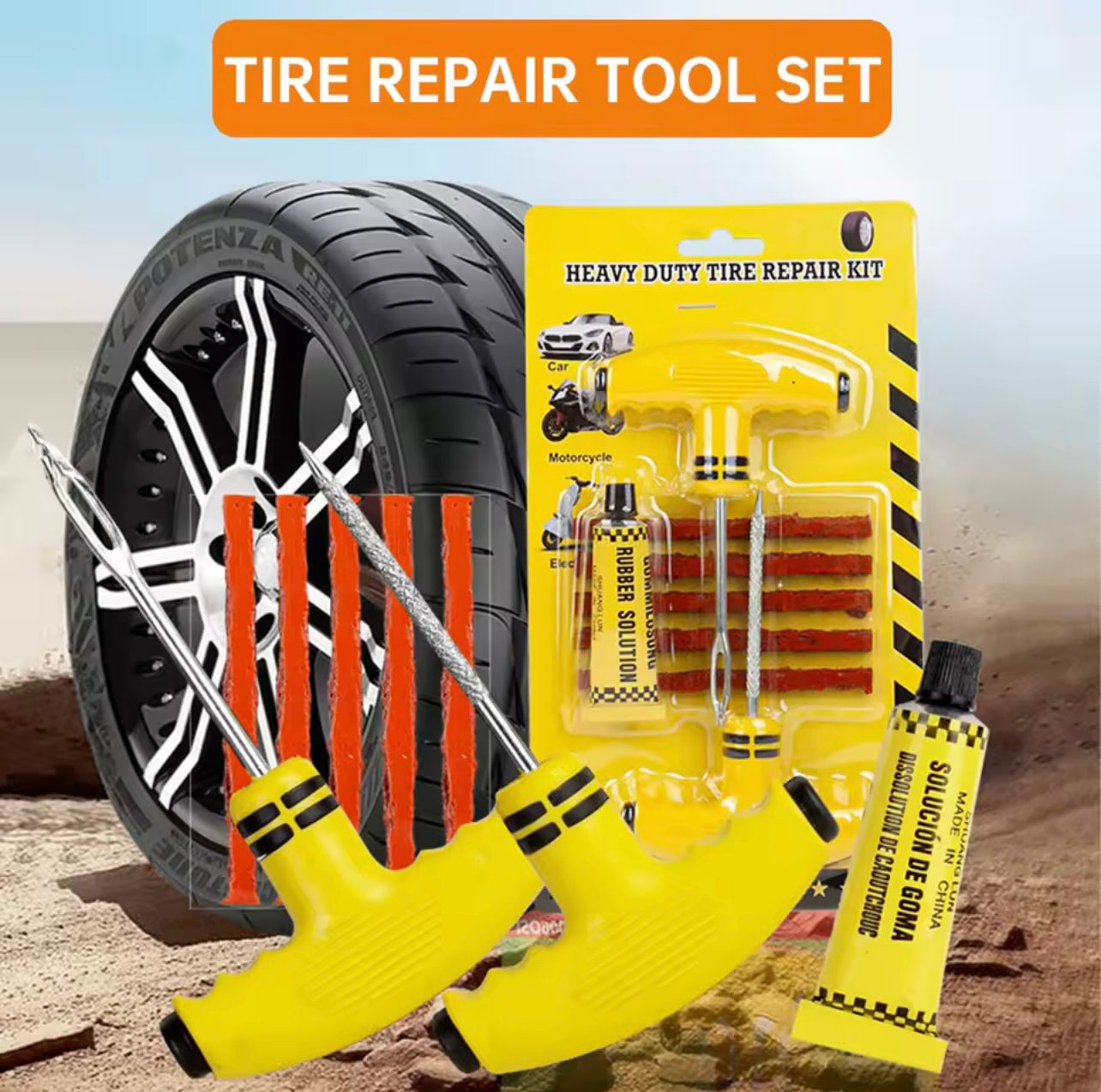 Complete tire repair tool set with glue, including a variety of practical tools, can effectively repair tire damage!Uncharged Power Mode, for Car, Truck, RV, Flat Tubeless Tire Puncture, with Studding Plug Tool, Vacuum Film Rubber Nail