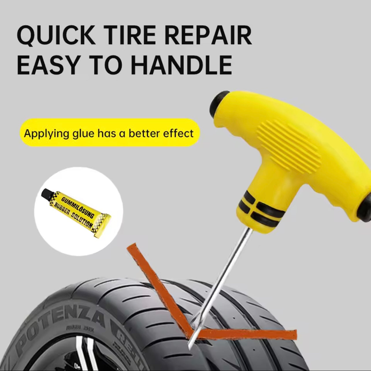 Complete tire repair tool set with glue, including a variety of practical tools, can effectively repair tire damage!Uncharged Power Mode, for Car, Truck, RV, Flat Tubeless Tire Puncture, with Studding Plug Tool, Vacuum Film Rubber Nail