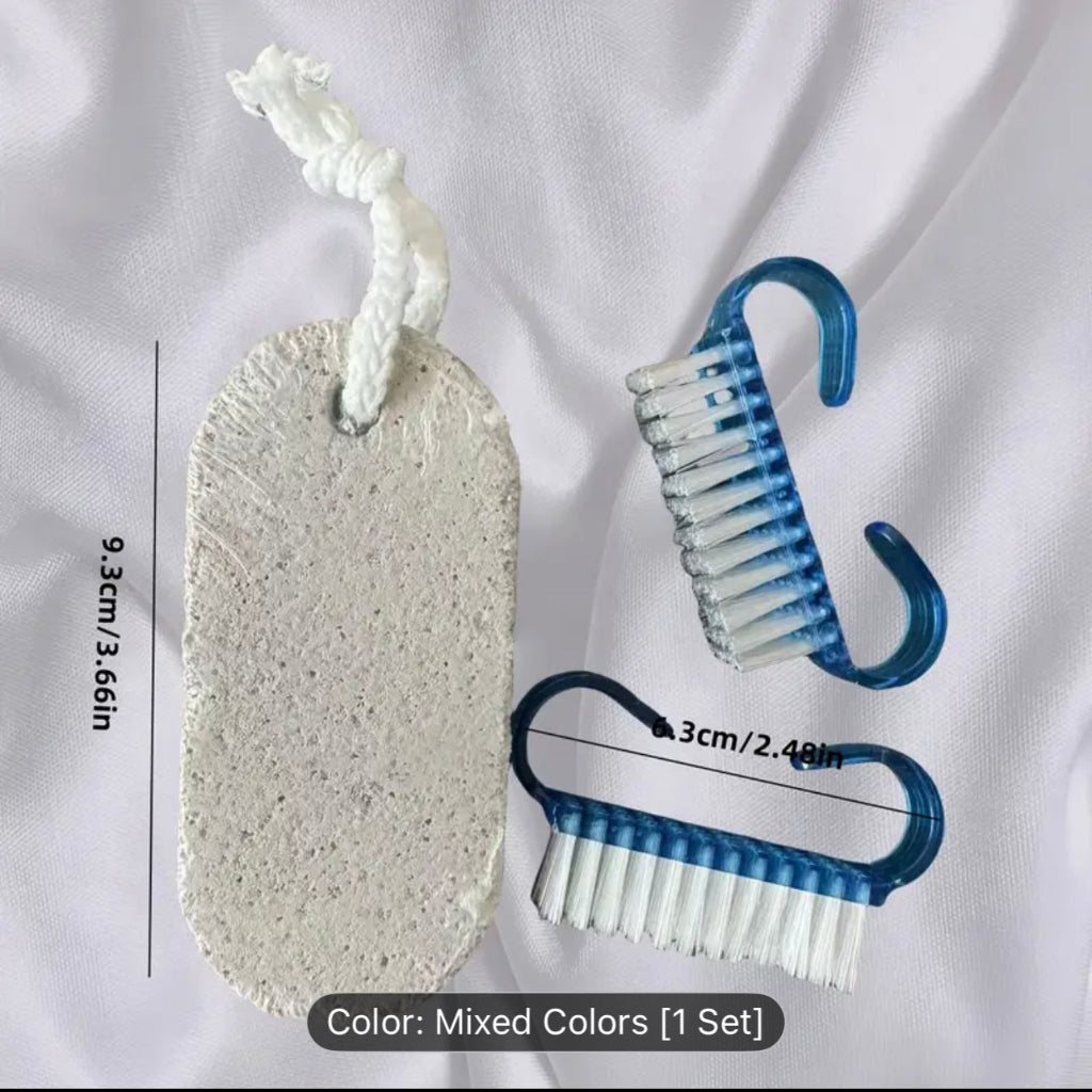 Natural Volcanic Stone White Plaster Foot Scrubber and 2 pcs Ergonomic Nail Cleaning Brushes