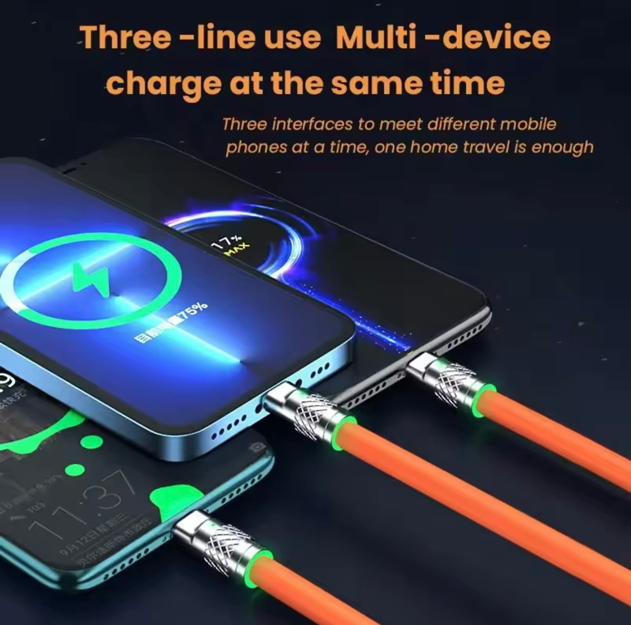 كابل شحن USB 3 في 1 يضم موصلات Micro USB و Type C ، متوافقة مع Samsung ، بالإضافة إلى كابلات USB C من أجل Honor و Xiaomi ، و USB-A إلى سلك شحن Lightning لنماذج iPhone ..