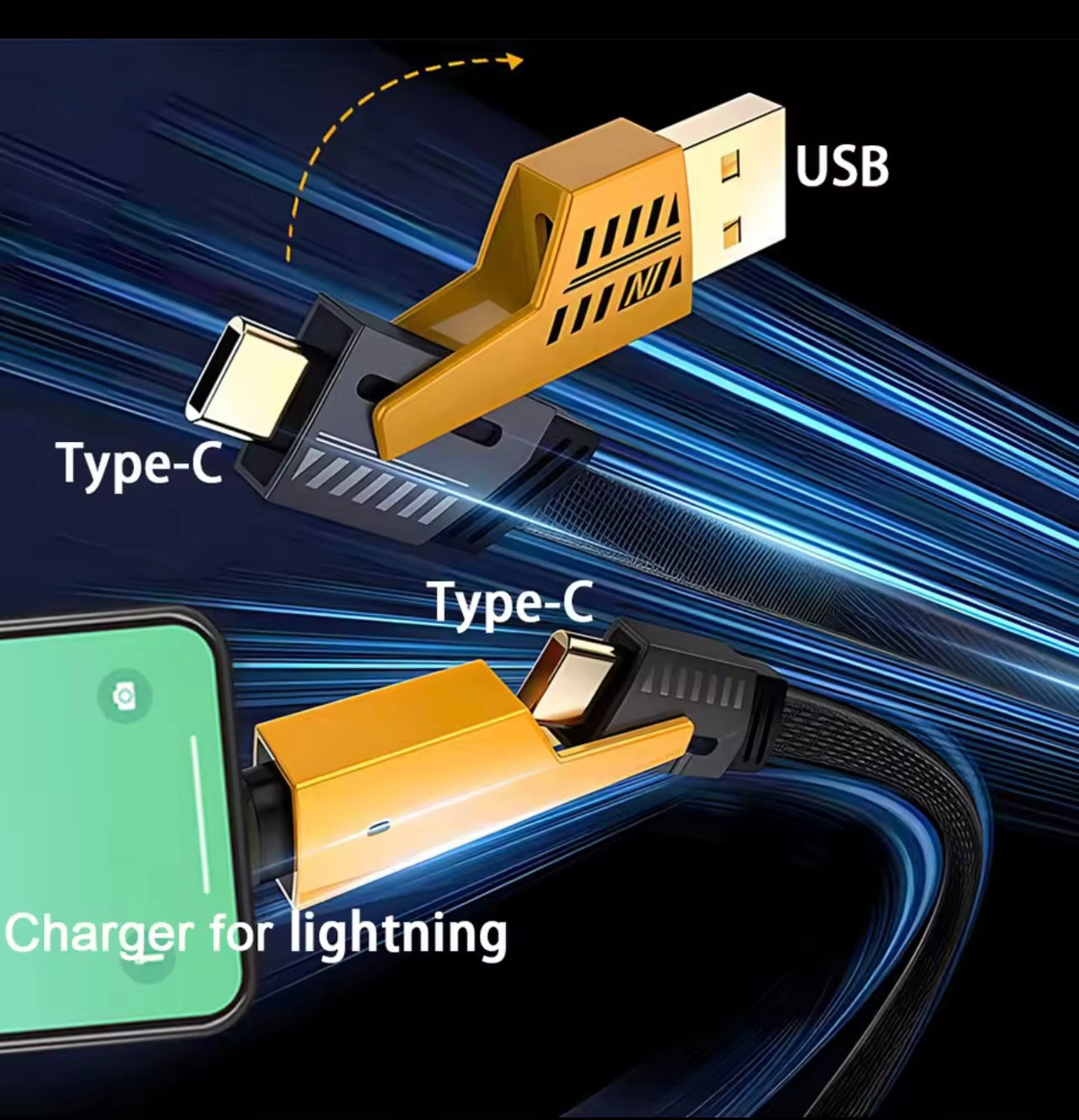 4-in-1 Cable USB-C ، PD Super Fast Charging ومزامنة البيانات ، مادة السيليكون ، شحن متعدد المنافذ مع ضوء اللون ، مناسب لـ iPhone ، لـ MacBook ، لـ iPad ، لـ Samsung ،