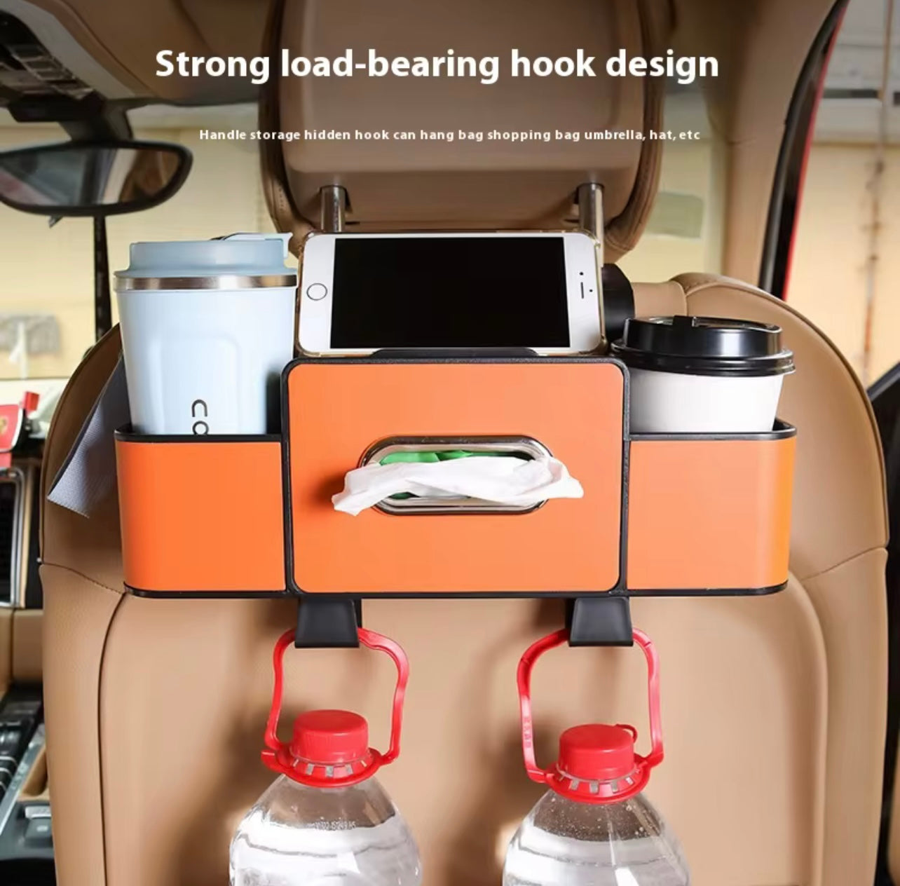 Travel Essential | Premium Black Car Seat Back Organizer with Adjustable Hooks - Dual Drink & Snack Holders | ABS Resin Construction | Elegant Stitching | Easy Installation | Car Storage