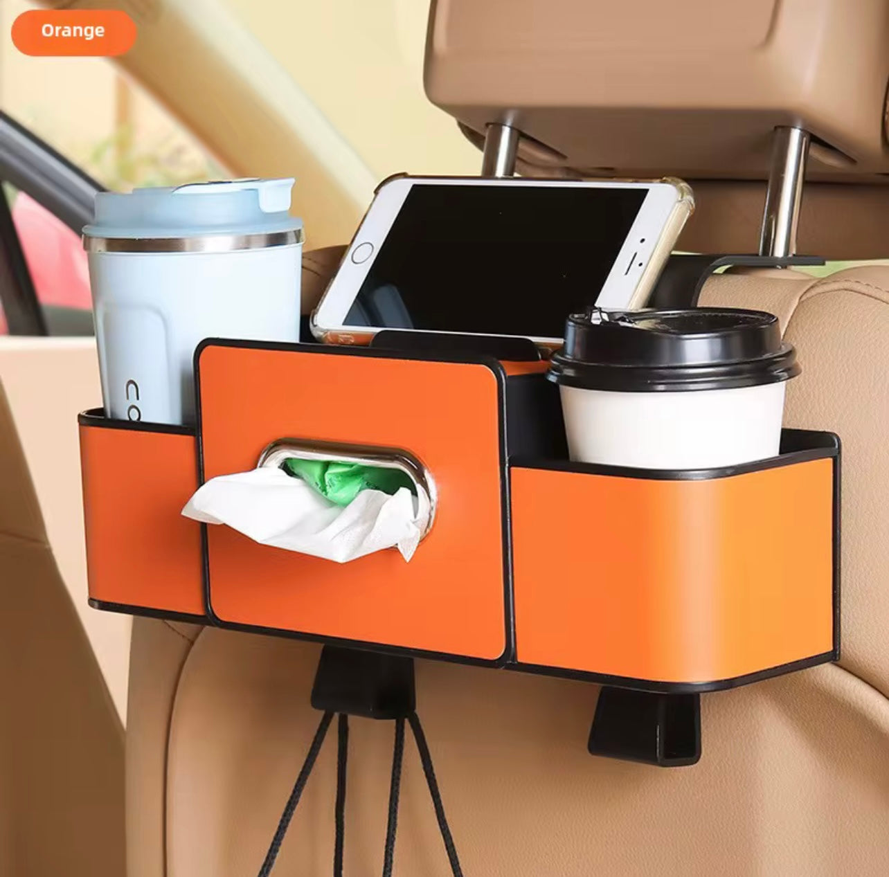 Travel Essential | Premium Black Car Seat Back Organizer with Adjustable Hooks - Dual Drink & Snack Holders | ABS Resin Construction | Elegant Stitching | Easy Installation | Car Storage