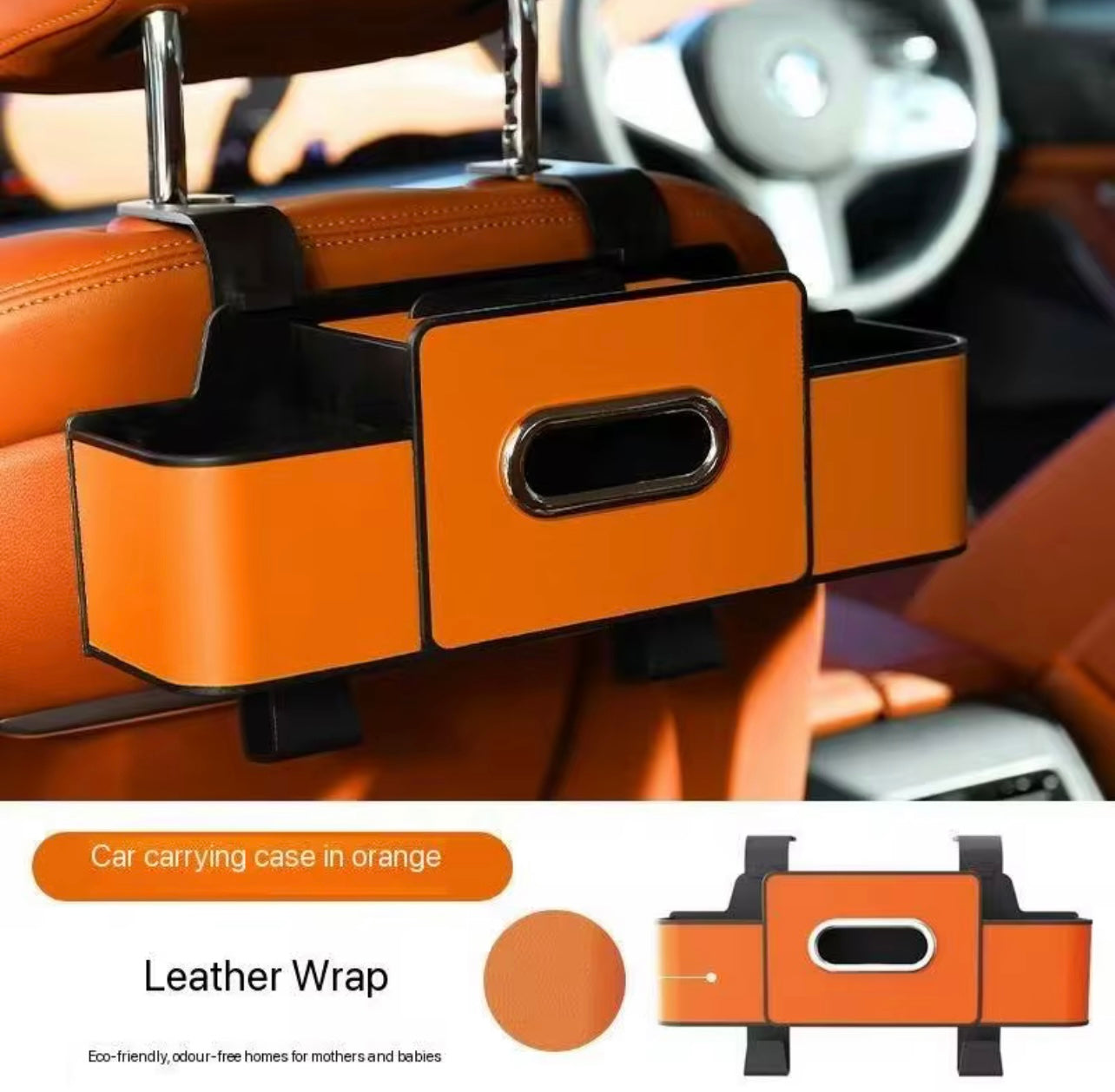 Travel Essential | Premium Black Car Seat Back Organizer with Adjustable Hooks - Dual Drink & Snack Holders | ABS Resin Construction | Elegant Stitching | Easy Installation | Car Storage