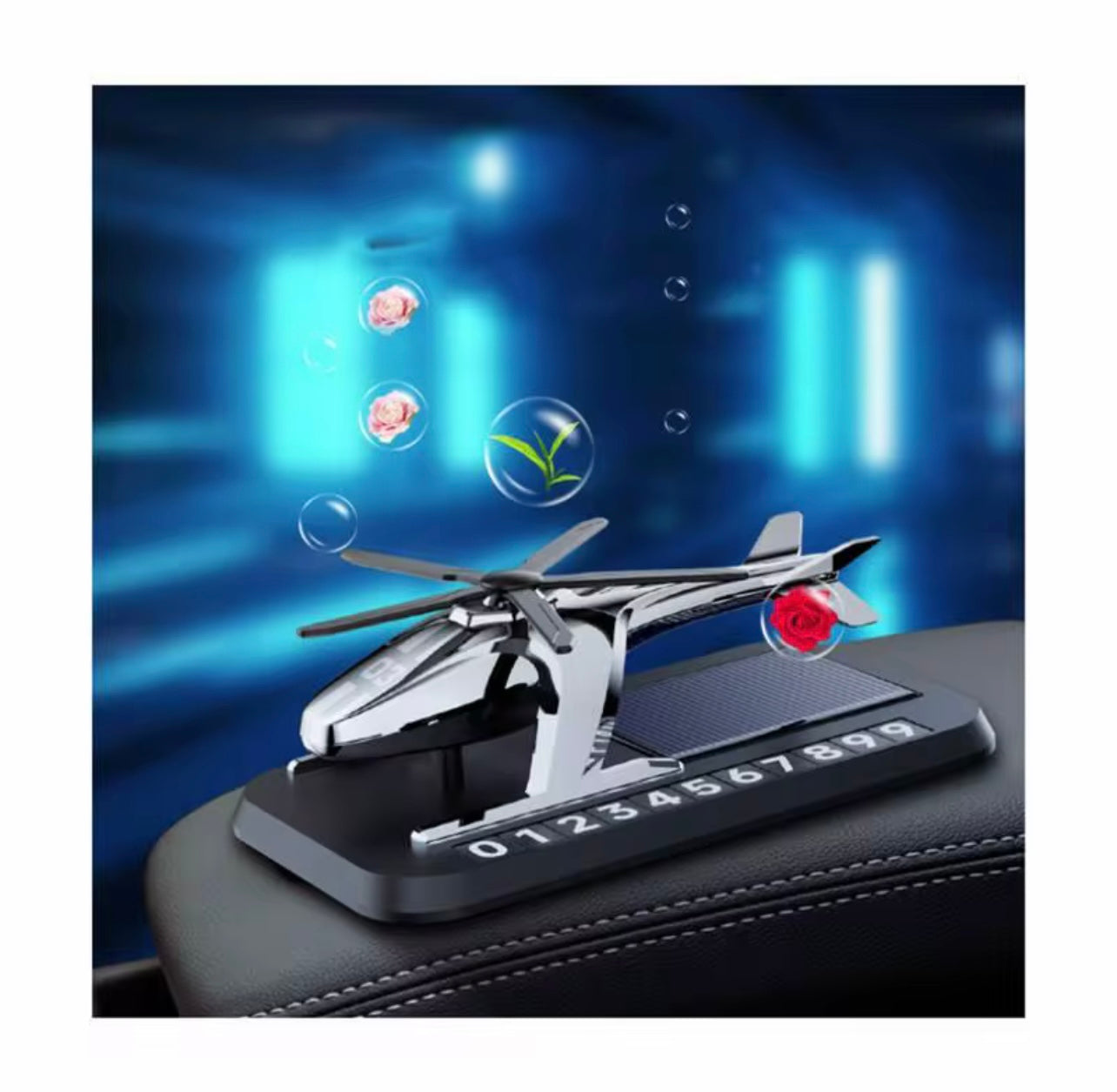 Car Aromatherapy Diffuser Helicopter Shape Rotating fan Solar Energy Aromatherapy Car Air Freshener with Phone Number