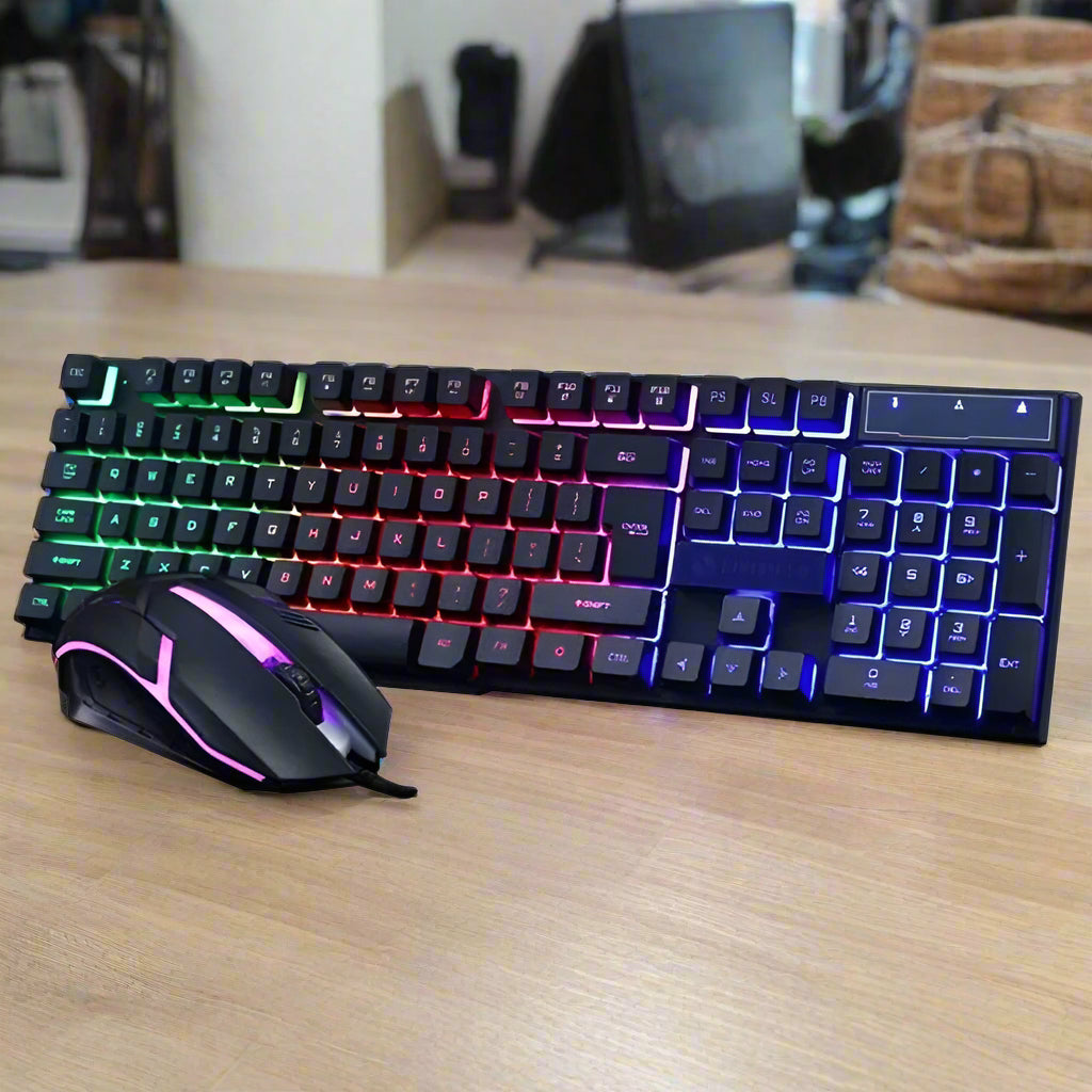 Wired RGB Gaming Keyboard and Mouse Combo with vibrant backlighting, quiet responsive keys, and ergonomic design. Adjustable DPI wired mouse. Plug-and-play via USB. Compatible with Windows and macOS . Ideal for gamers and office use.