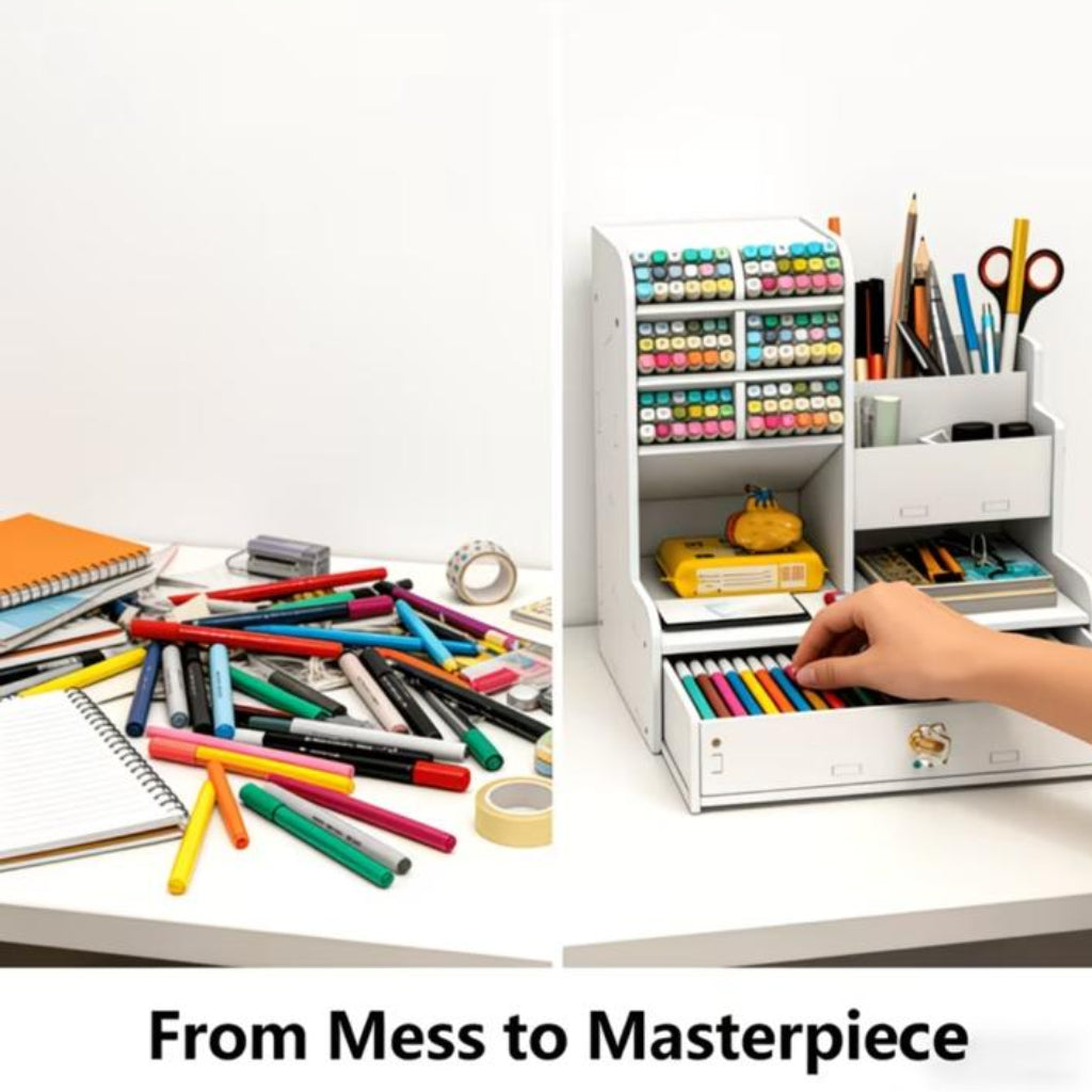 Compact Desk Organizer with Drawer – PVC Pen Holder & Marker Storage for Home Office