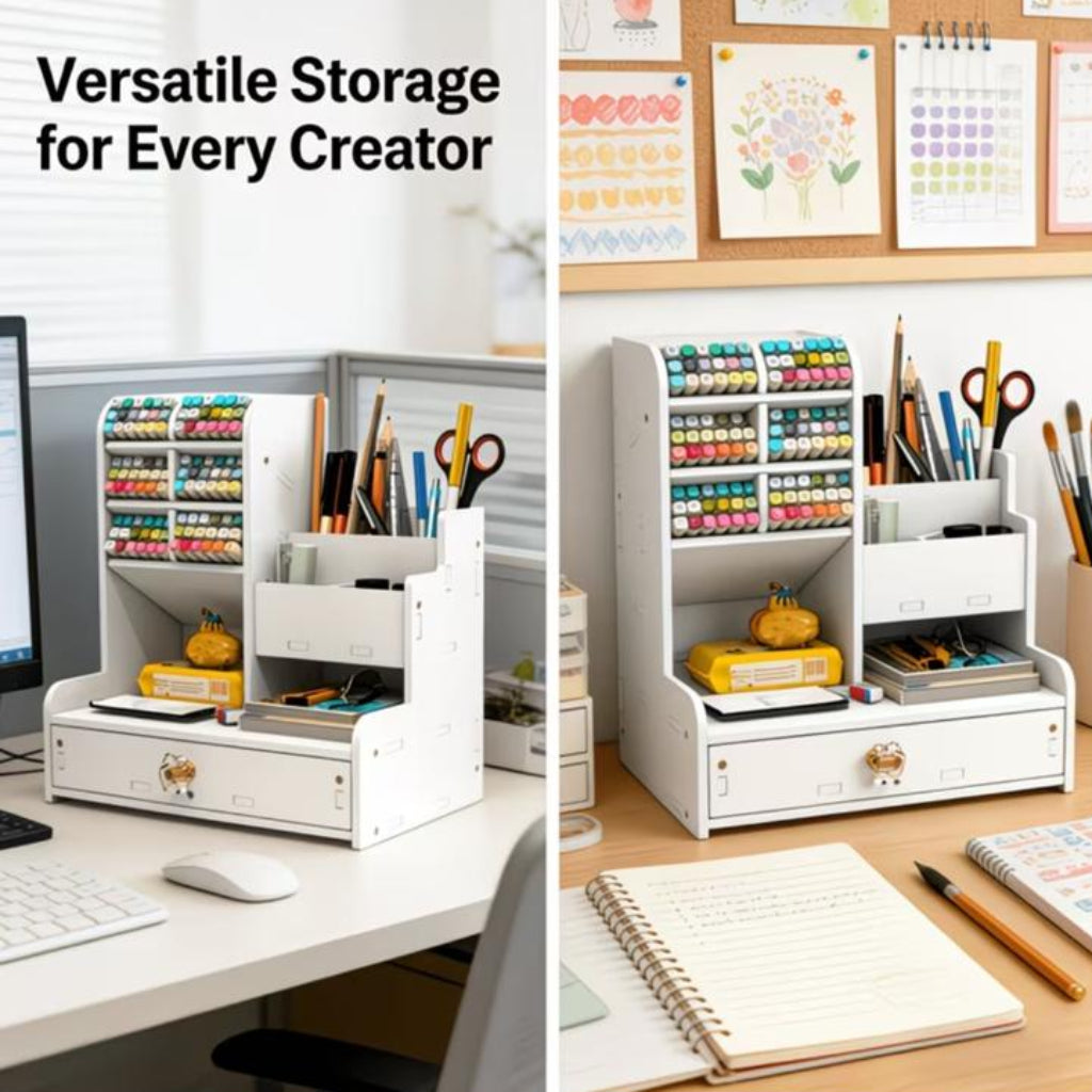 Compact Desk Organizer with Drawer – PVC Pen Holder & Marker Storage for Home Office