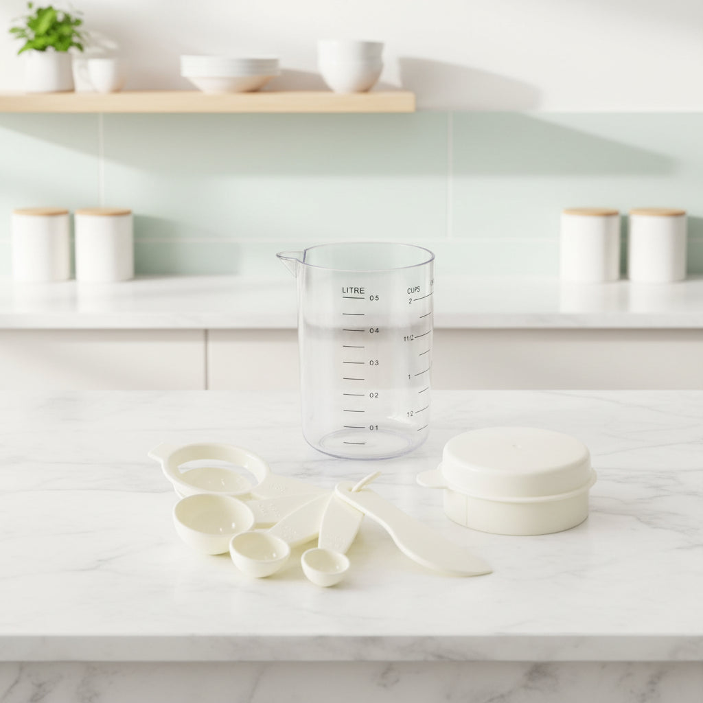 6-Piece Measuring Set with Egg Yolk Separator – Measuring Spoons & Cup with Lid