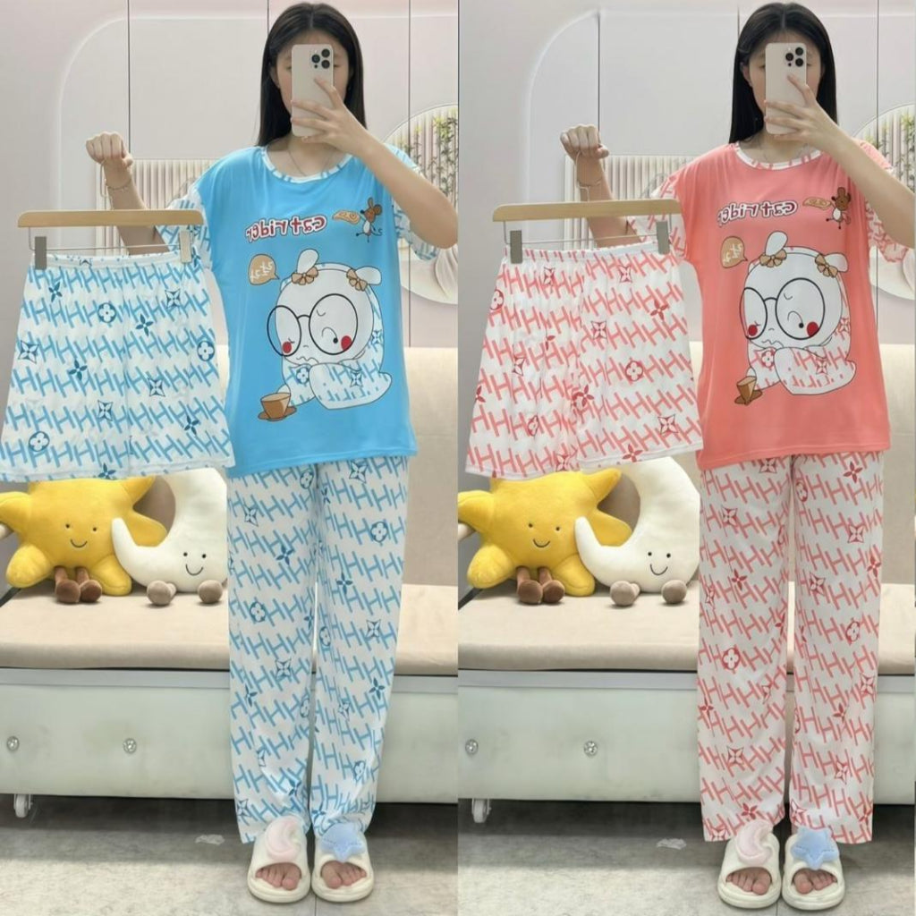 Free Size Pajama 3 pcs Set,Bedroom Outfit Comfortable And Breathable Casual Home Clothes Stitch Cartoon Print Includes Short-Sleeved Top, Shorts And Long Pants,