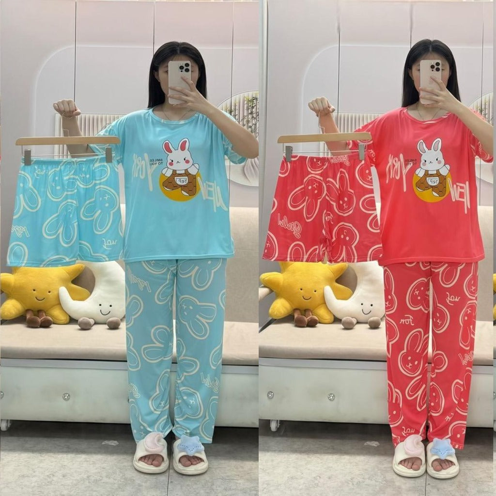 Free Size 3 pcs  Pajama Set, Bedroom Outfit Comfortable And Breathable Casual Home Clothes Stitch Cartoon Print Includes Short-Sleeved Top, Shorts And Long Pants,