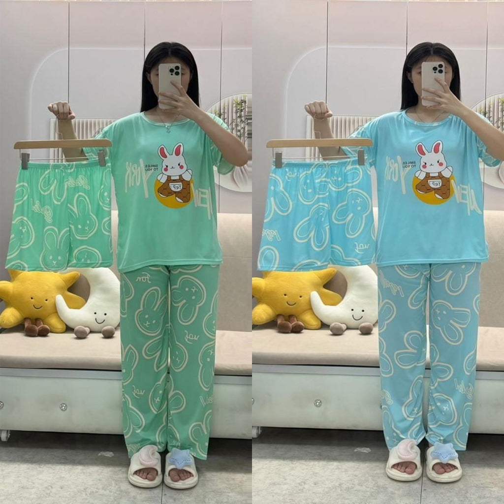 Free Size 3 pcs  Pajama Set, Bedroom Outfit Comfortable And Breathable Casual Home Clothes Stitch Cartoon Print Includes Short-Sleeved Top, Shorts And Long Pants,