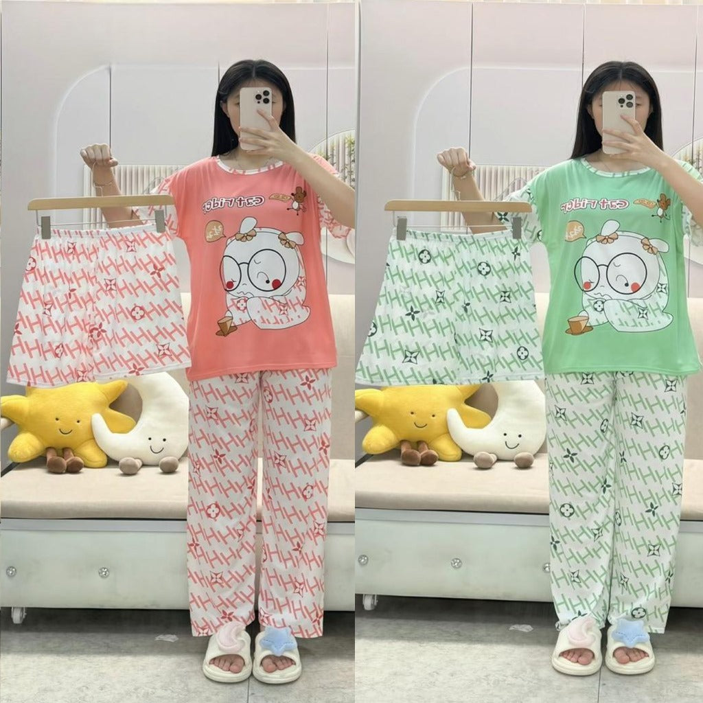 Free Size Pajama 3 pcs Set,Bedroom Outfit Comfortable And Breathable Casual Home Clothes Stitch Cartoon Print Includes Short-Sleeved Top, Shorts And Long Pants,