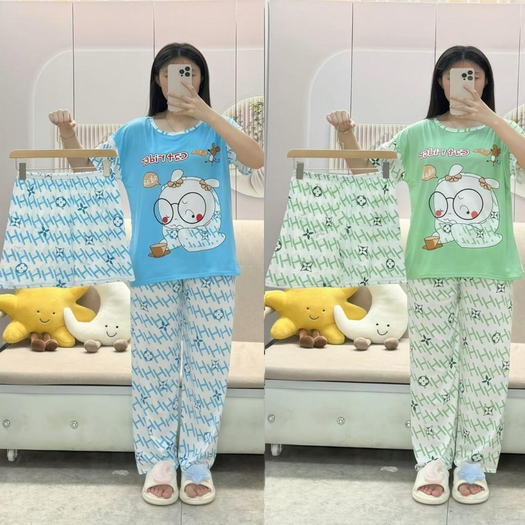 Free Size Pajama 3 pcs Set,Bedroom Outfit Comfortable And Breathable Casual Home Clothes Stitch Cartoon Print Includes Short-Sleeved Top, Shorts And Long Pants,