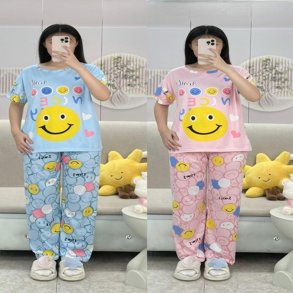 Free Size 2 pcs Pajama Set, Bedroom Outfit Comfortable And Breathable Casual Home Clothes Stitch Smile  Print Includes Short-Sleeved Top,Long Pants,