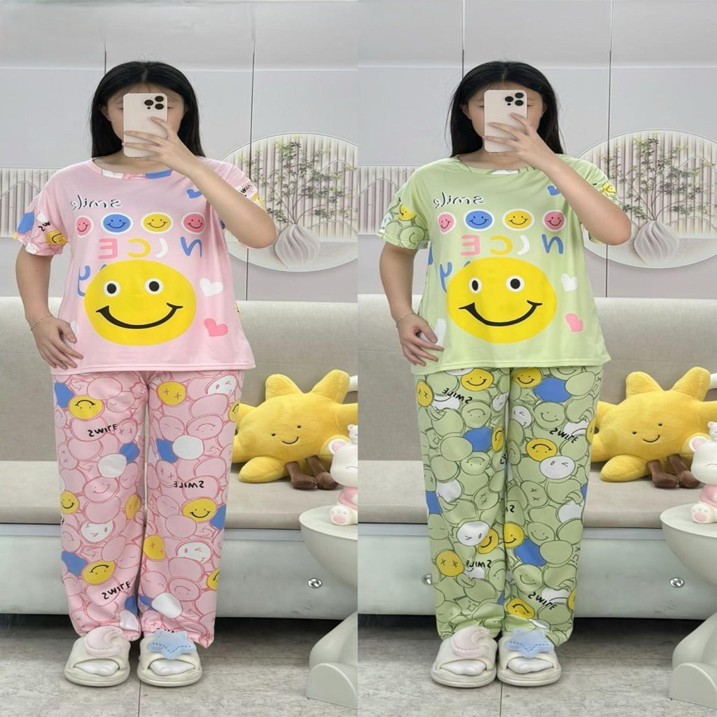 Free Size 2 pcs Pajama Set, Bedroom Outfit Comfortable And Breathable Casual Home Clothes Stitch Smile  Print Includes Short-Sleeved Top,Long Pants,