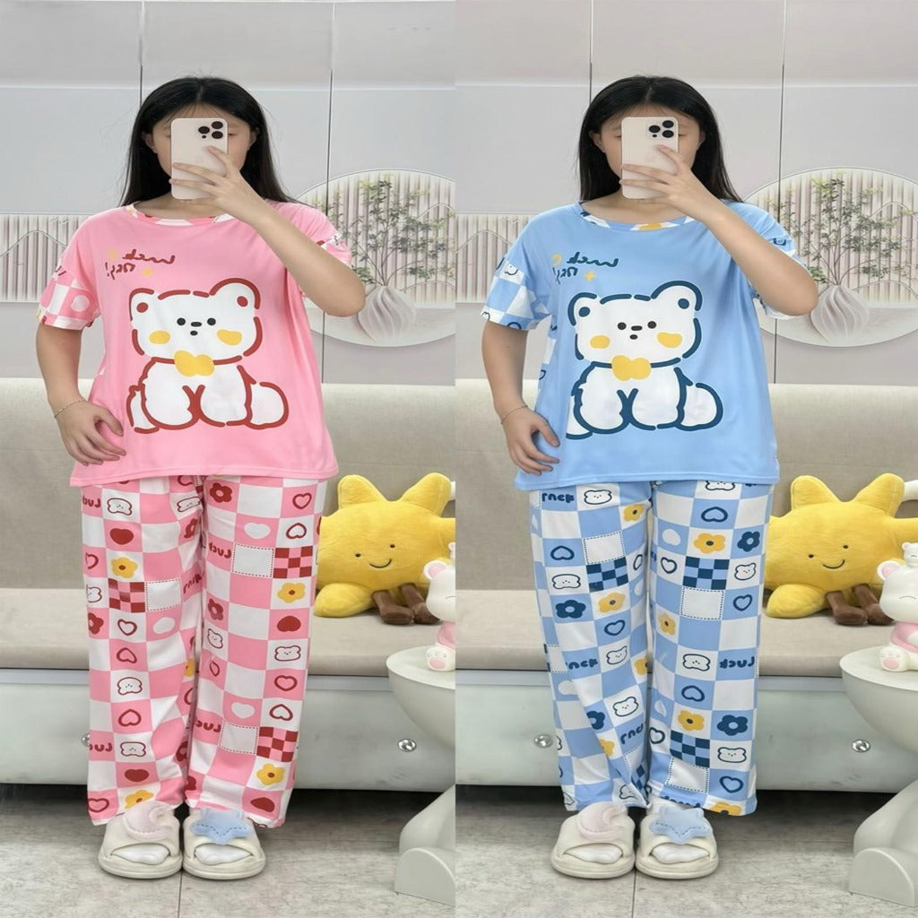 Free Size 2 pcs Pajama Set, Bedroom Outfit Comfortable And Breathable Casual Home Clothes Stitch Animal  Print Includes Short-Sleeved Top,Long Pants,