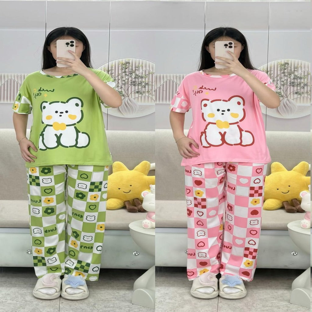 Free Size 2 pcs Pajama Set, Bedroom Outfit Comfortable And Breathable Casual Home Clothes Stitch Animal  Print Includes Short-Sleeved Top,Long Pants,