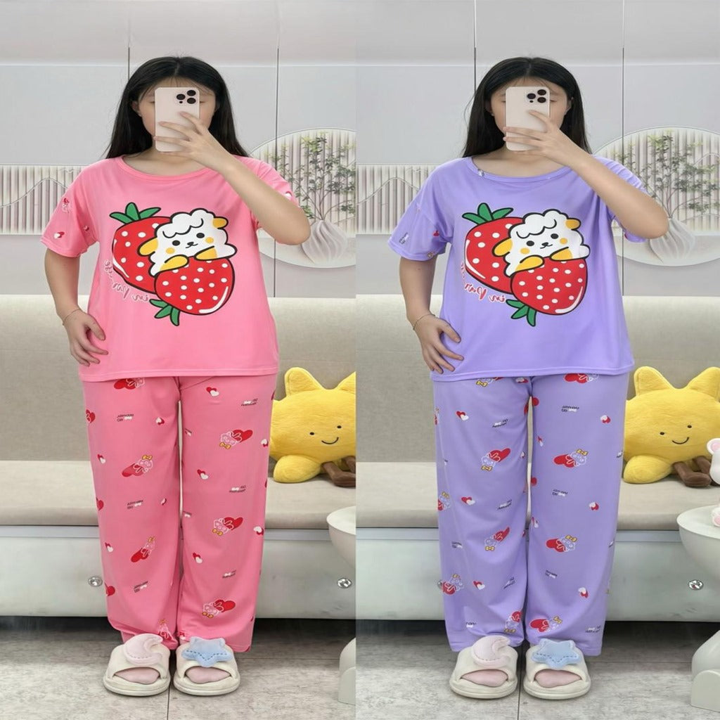 Free Size 2 pcs Pajama Set, Bedroom Outfit Comfortable And Breathable Casual Home Clothes Stitch Animal  Print Includes Short-Sleeved Top,Long Pants,