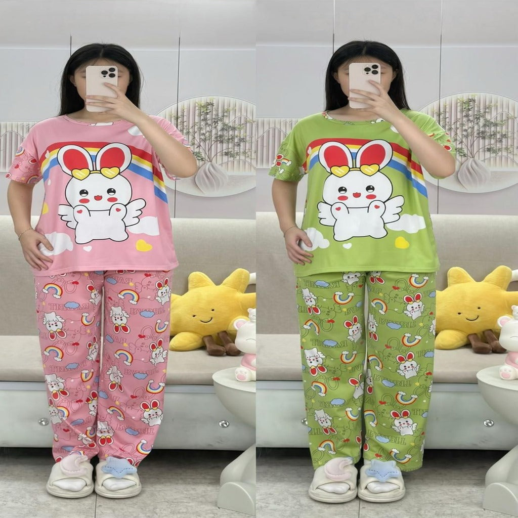Free Size 2 pcs Pajama Set, Bedroom Outfit Comfortable And Breathable Casual Home Clothes Stitch Animal Print Includes Short-Sleeved Top,Long Pants,