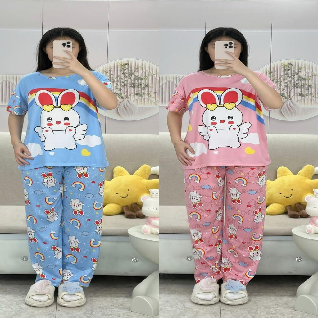 Free Size 2 pcs Pajama Set, Bedroom Outfit Comfortable And Breathable Casual Home Clothes Stitch Animal Print Includes Short-Sleeved Top,Long Pants,