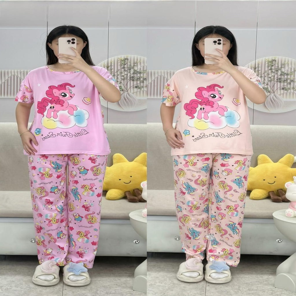 Free Size 2 pcs Pajama Set, Bedroom Outfit Comfortable And Breathable Casual Home Clothes Stitch Unicorn Print Includes Short-Sleeved Top,Long Pants,