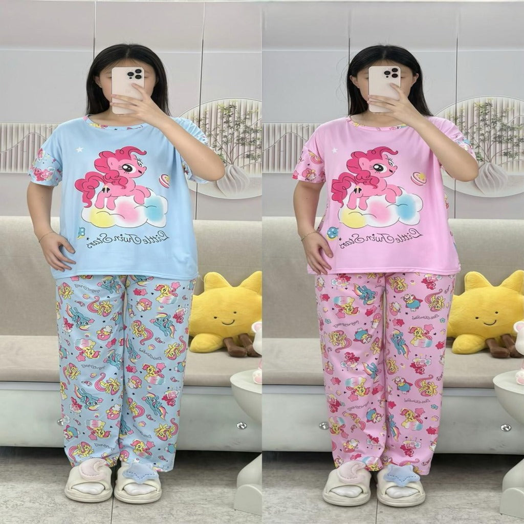 Free Size 2 pcs Pajama Set, Bedroom Outfit Comfortable And Breathable Casual Home Clothes Stitch Unicorn Print Includes Short-Sleeved Top,Long Pants,