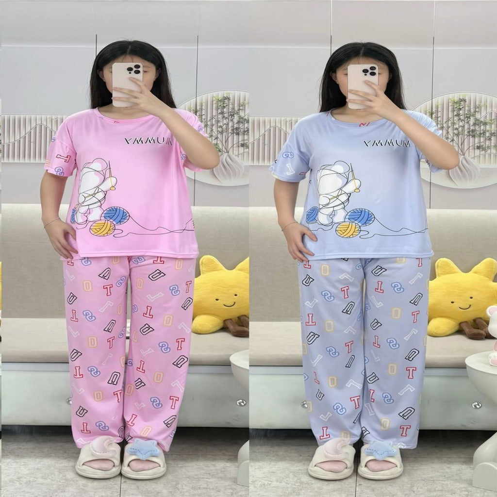 Free Size 2 pcs Pajama Set, Bedroom Outfit Comfortable And Breathable Casual Home Clothes Stitch Animal Print Includes Short-Sleeved Top,Long Pants,