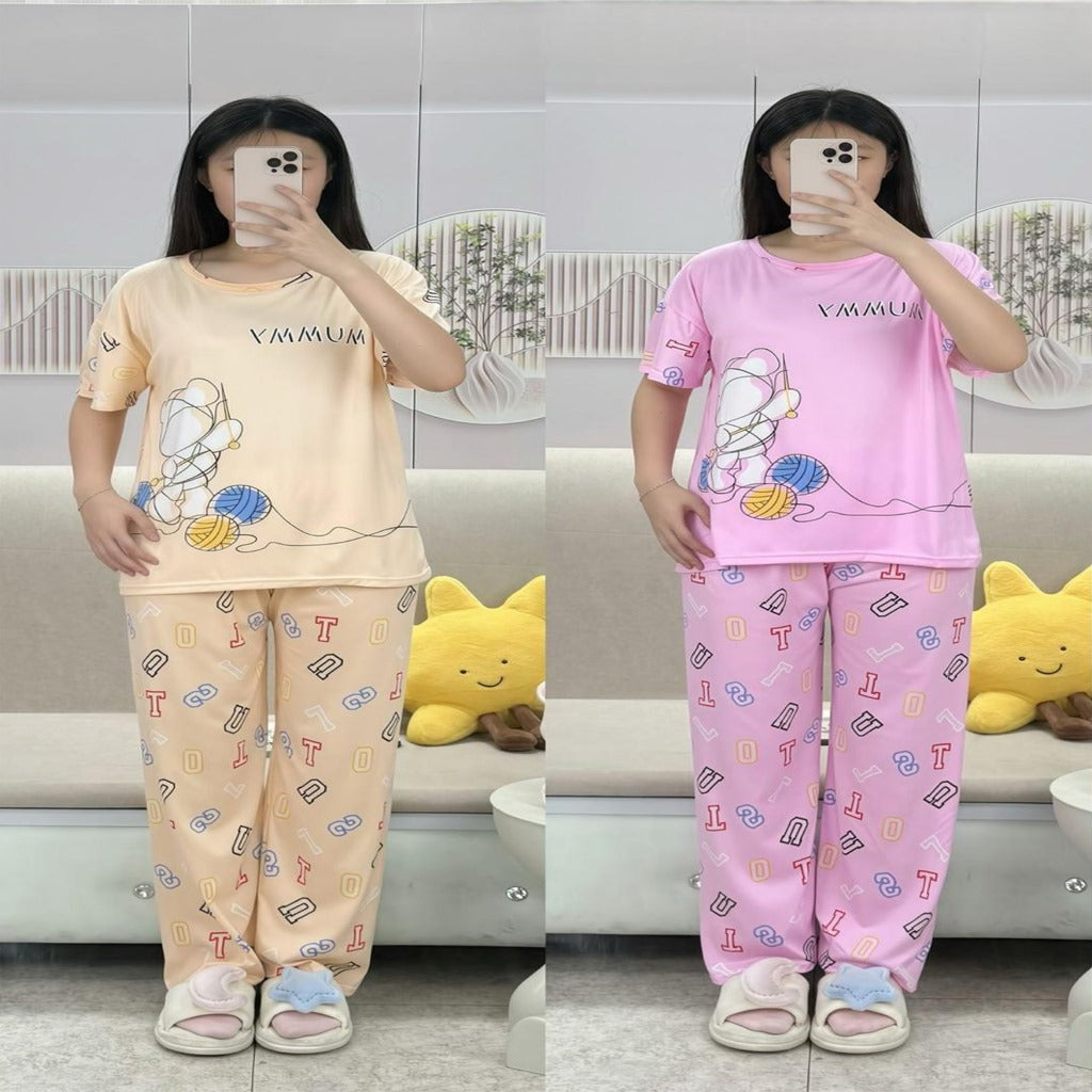 Free Size 2 pcs Pajama Set, Bedroom Outfit Comfortable And Breathable Casual Home Clothes Stitch Animal Print Includes Short-Sleeved Top,Long Pants,