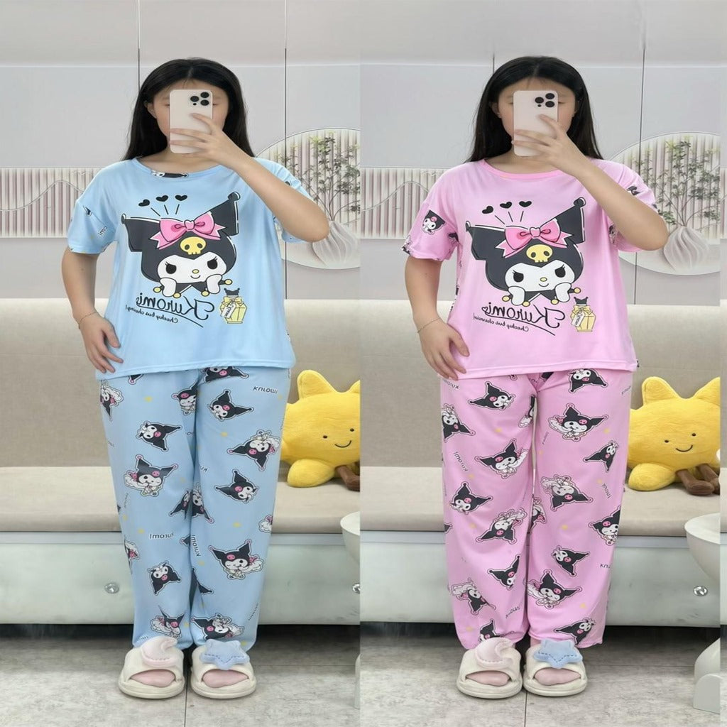 Free Size 2 pcs Pajama Set, Bedroom Outfit Comfortable And Breathable Casual Home Clothes Stitch Kuromi Print Includes Short-Sleeved Top,Long Pants,